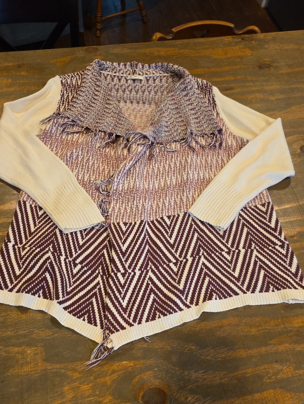 Cato Plum & Cream Chevron Fringe Shawl-Collar Cardigan